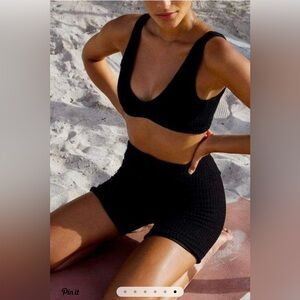 Montce Swim Bikini Set Active Set Black Crochet NWT Size L Kim Top & Bike Shorts